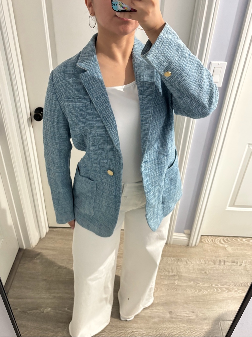 Vintage Sandro Paris Blue Jacquard Blazer EU 42 Gold Button Designer Jacket - Picture 2 of 10